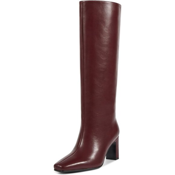 ⚡Women's Burgundy Regular Calf Friendly Square Toe Faux Leather Mid Heel - Picture 1 of 7